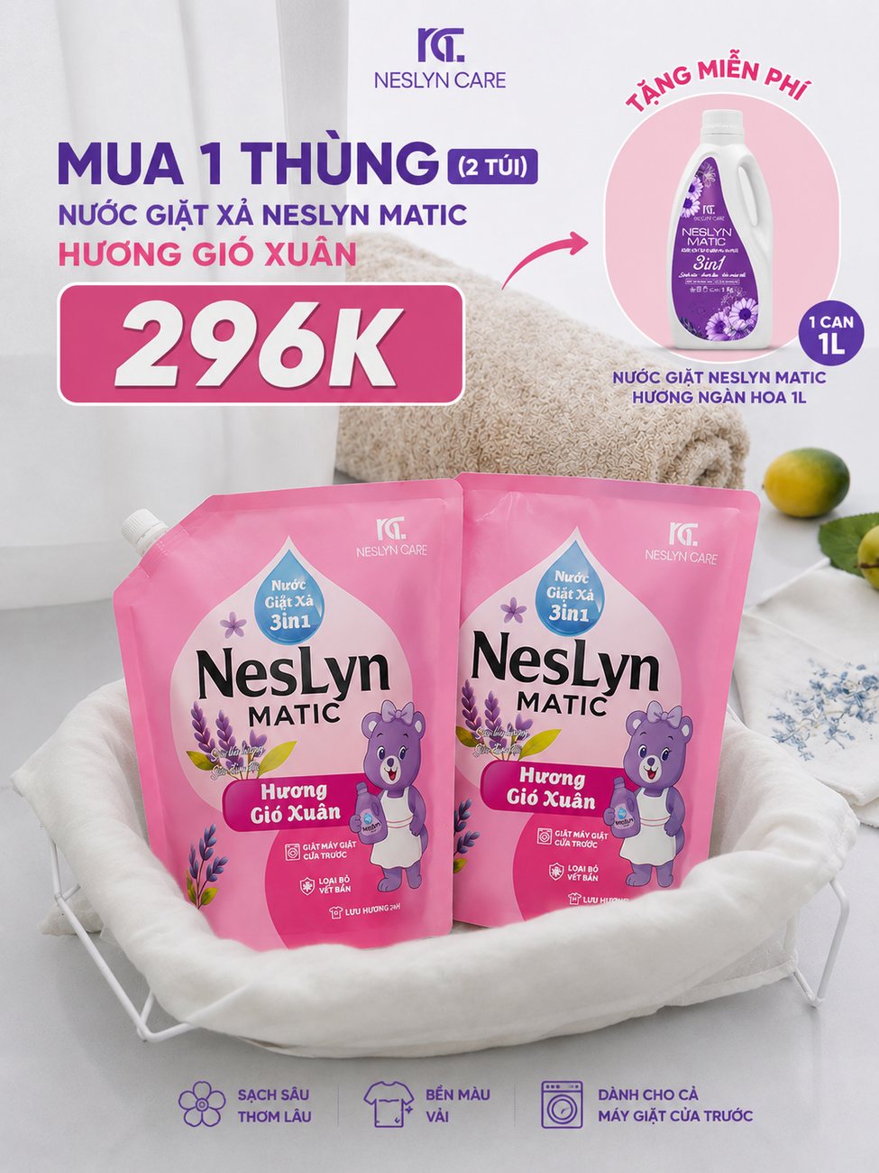 Thùng 2 túi nước giặt NesLyn Matic hương Gió Xuân tặng can Ngàn Hoa 1L