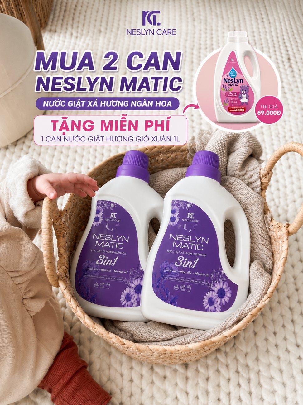 Combo 2 can nước giặt NesLyn Matic hương Ngàn Hoa tặng can Gió Xuân 1L